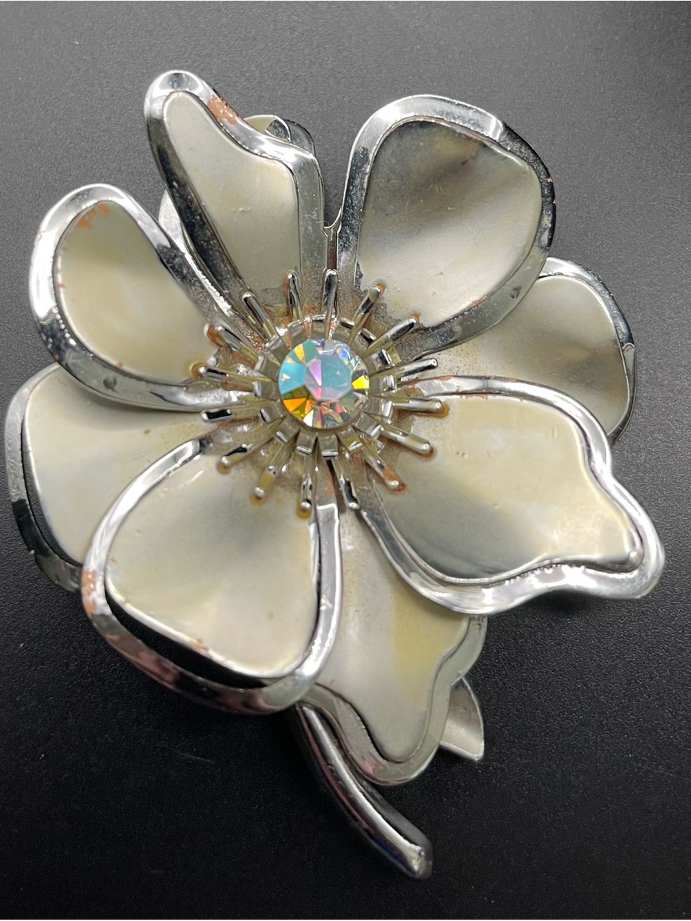 Vintage Silver Tone Layered Flower Brooch Pin Aurora Borealis Crystal